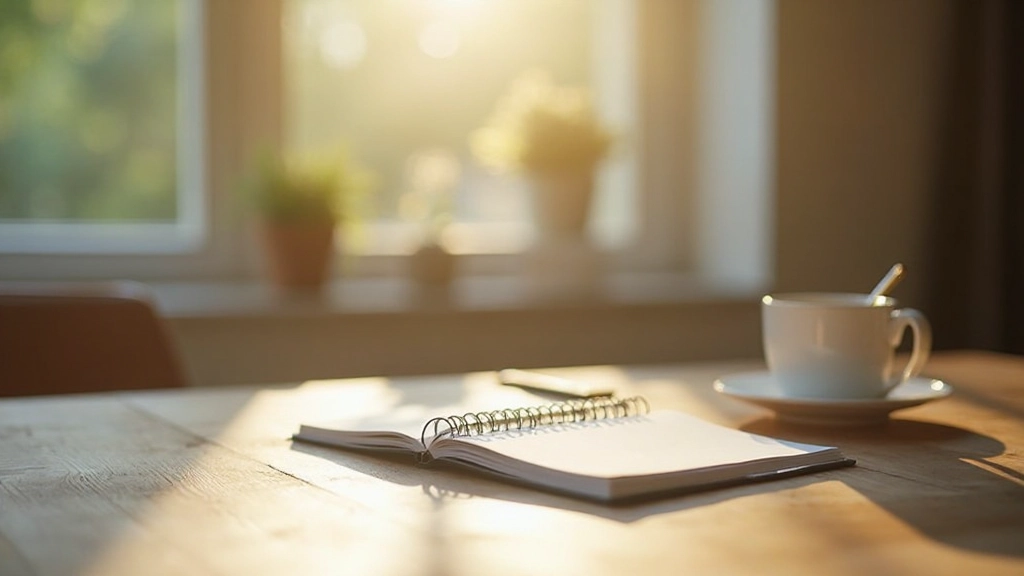 Kalme werkruimte met planner en kopje thee in ochtendlicht, minimalistisch interieur