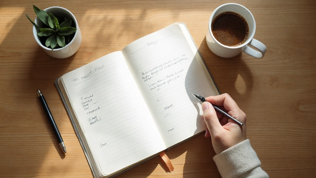 Tafel met notitieboek, pen en koffiekopje in ochtendlicht, minimalistische werkplek
