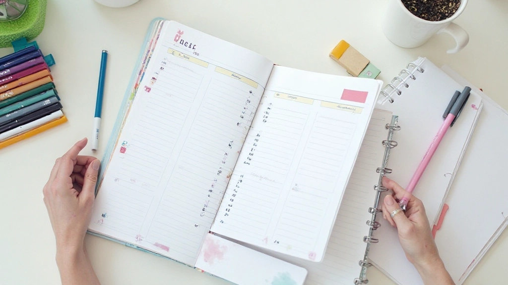 Tafel met planner, kaarten en pen, planningsproces voor langetermijn doelen