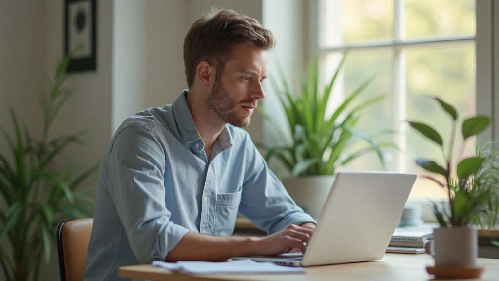 Persoon werkend aan laptop, concentratie, organisatie, moderne werkruimte met planten, ochtendlicht