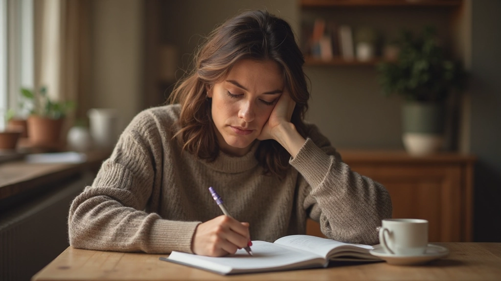 Persoon schrijft in dagboek met reflectie, introspectie moment in rustige ruimte