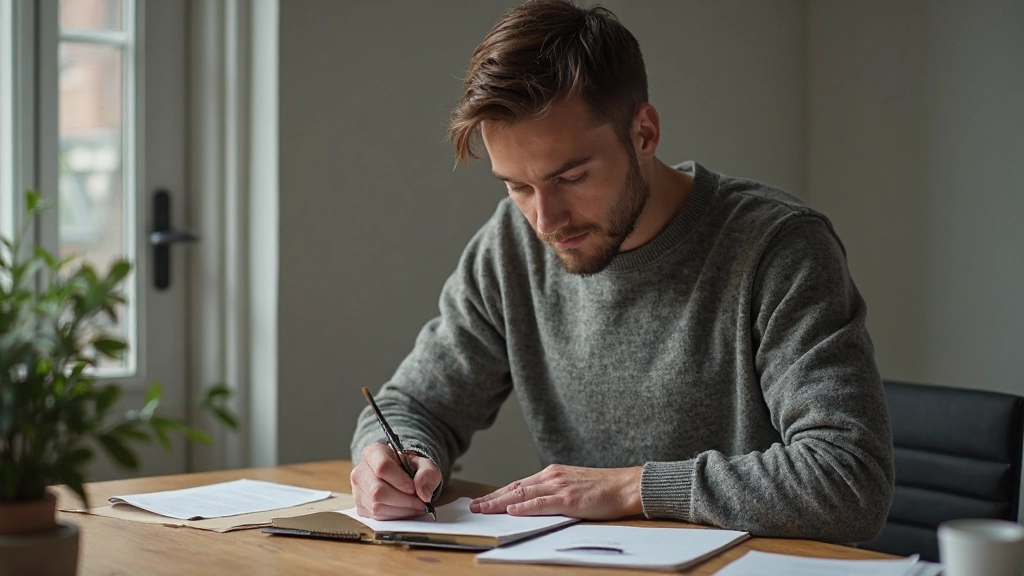 Rustige werkplek met zonlicht, iemand die zich concentreert op een taak met volle aandacht, minimalistische omgeving