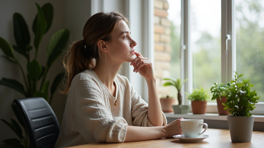 Persoon zit kalm aan bureau met kopje thee, kijkt uit het raam, serene werkplek met natuurlijk licht
