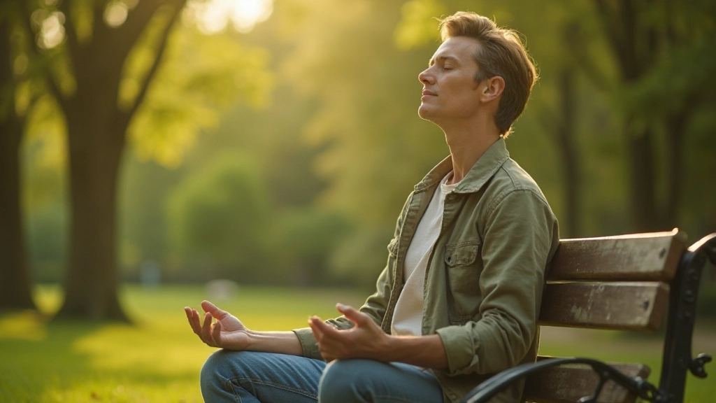 Persoon zit in park op houten bankje, mediteert rustig in groene omgeving, zachte zonneschijn