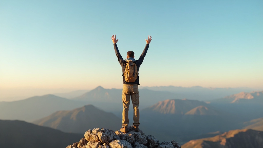 Persoon staat op bergpiek, handen omhoog in overwinningsgebaar, wolkenloze blauwe hemel