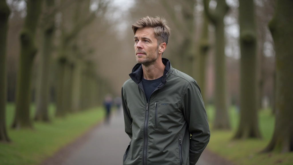 Persoon kijkt peinzend naar twee richtingen, staat op kruispunt in park met twee paden