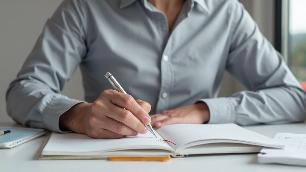 Simpel tracking setup, notitieboek en pen op minimalistisch bureau, dagelijks systeem