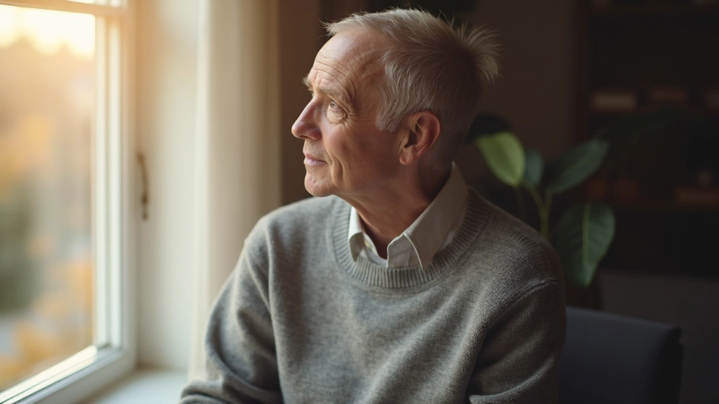 Close-up van iemand die peinzend uit het raam kijkt, zonnig licht schijnt naar binnen