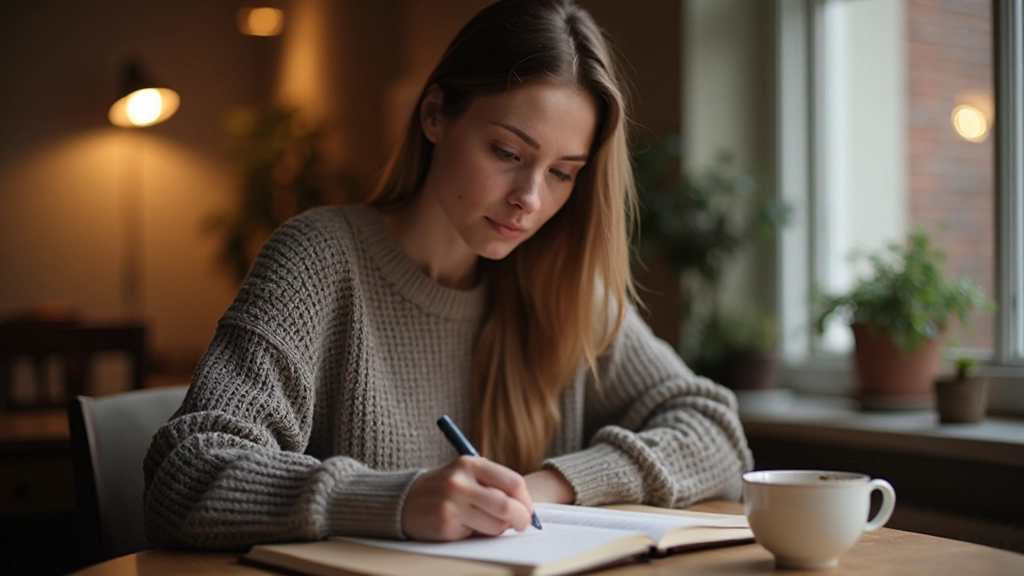 Iemand die schrijft in een dagboek met zachte verlichting, intiem moment van reflectie en introspectie