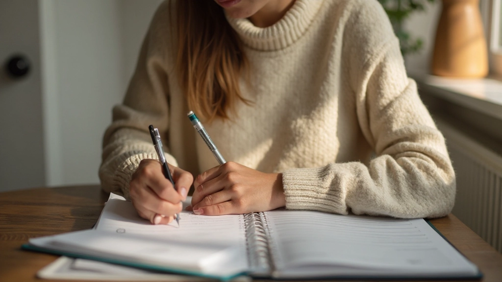 Vrouw zit aan tafel met planner, schrijft doelen op met pen, zonlicht van links