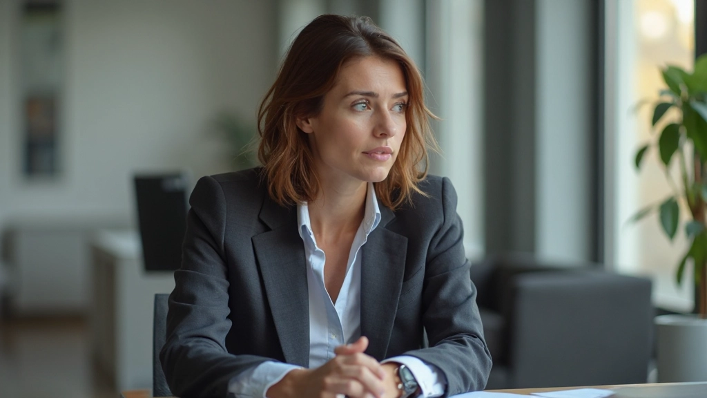 Persoon van 35-45 jaar, professioneel gekleed, zittend aan bureau met gesloten laptop, denkend, natuurlijk licht, onscherpe achtergrond